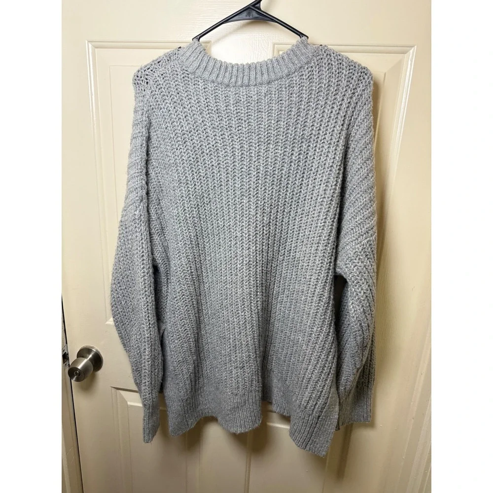 Aerie Oversized Grey Shaker Knit Crewneck Sweater Large Slouchy Cotton Blend